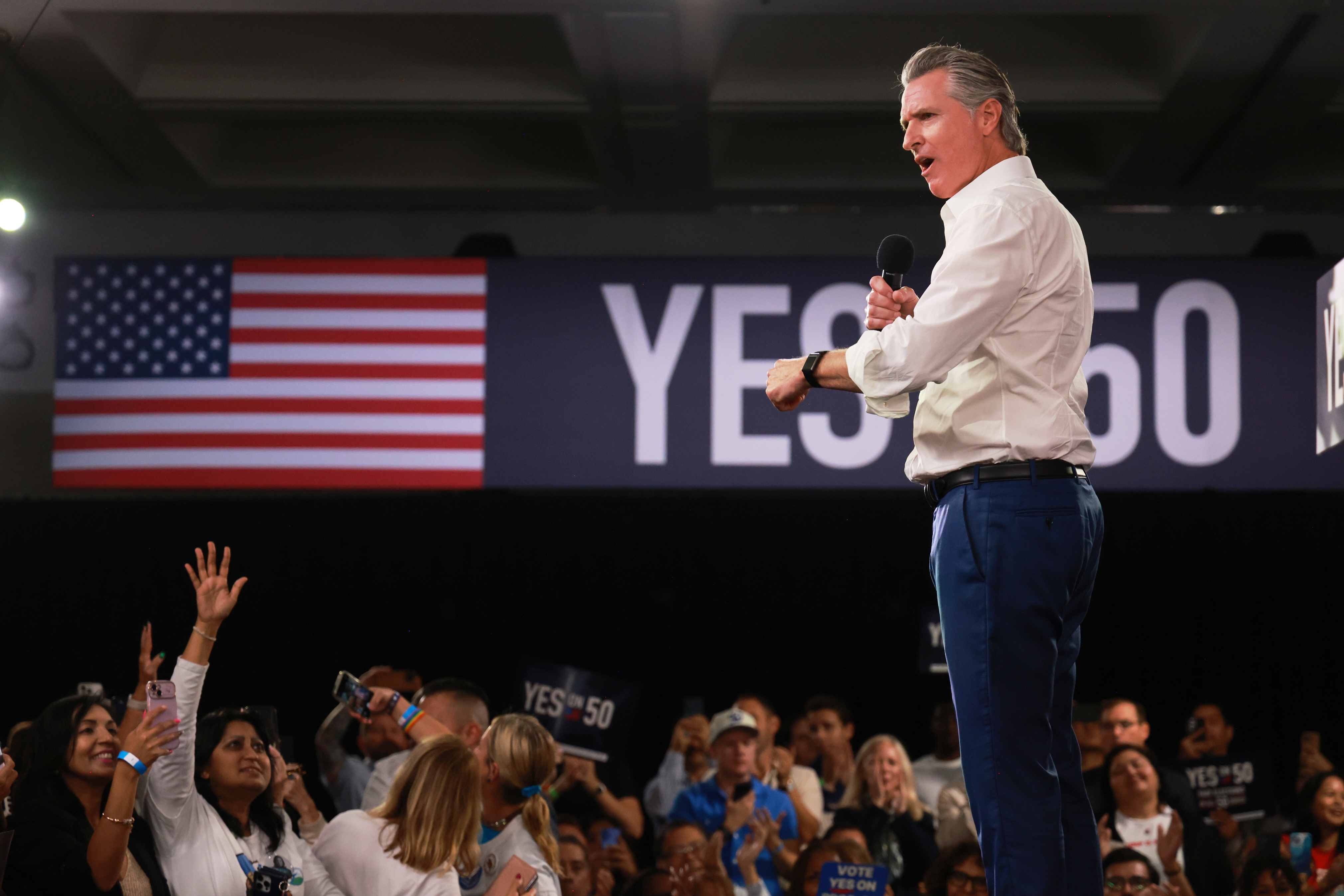 Gov. Gavin Newsom speaks during a campaign event for Proposition 50 on Saturday in Los Angeles. Newsom has been the driving force behind the ballot measure, as a way for California Democrats to fight back in the redistricting battle initiated by President Trump.